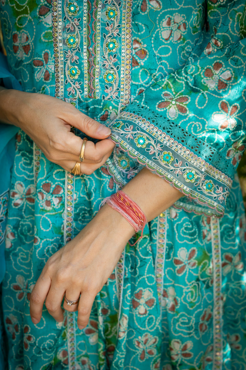 Turquoise Blue Printed Anarkali With Pants & Dupatta