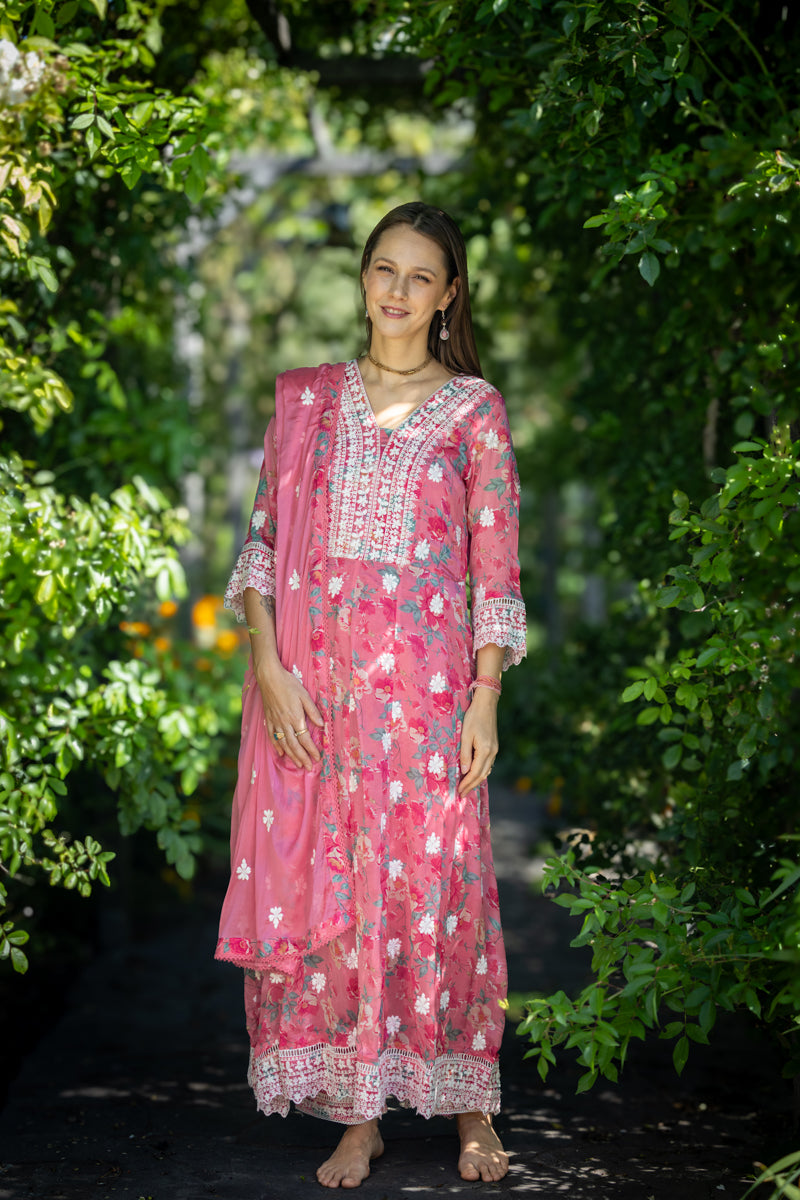 Bright Pink Embroidered Anarkali With Pants & Dupatta