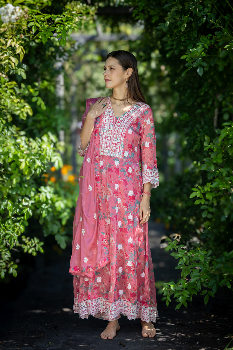 Bright Pink Embroidered Anarkali With Pants & Dupatta