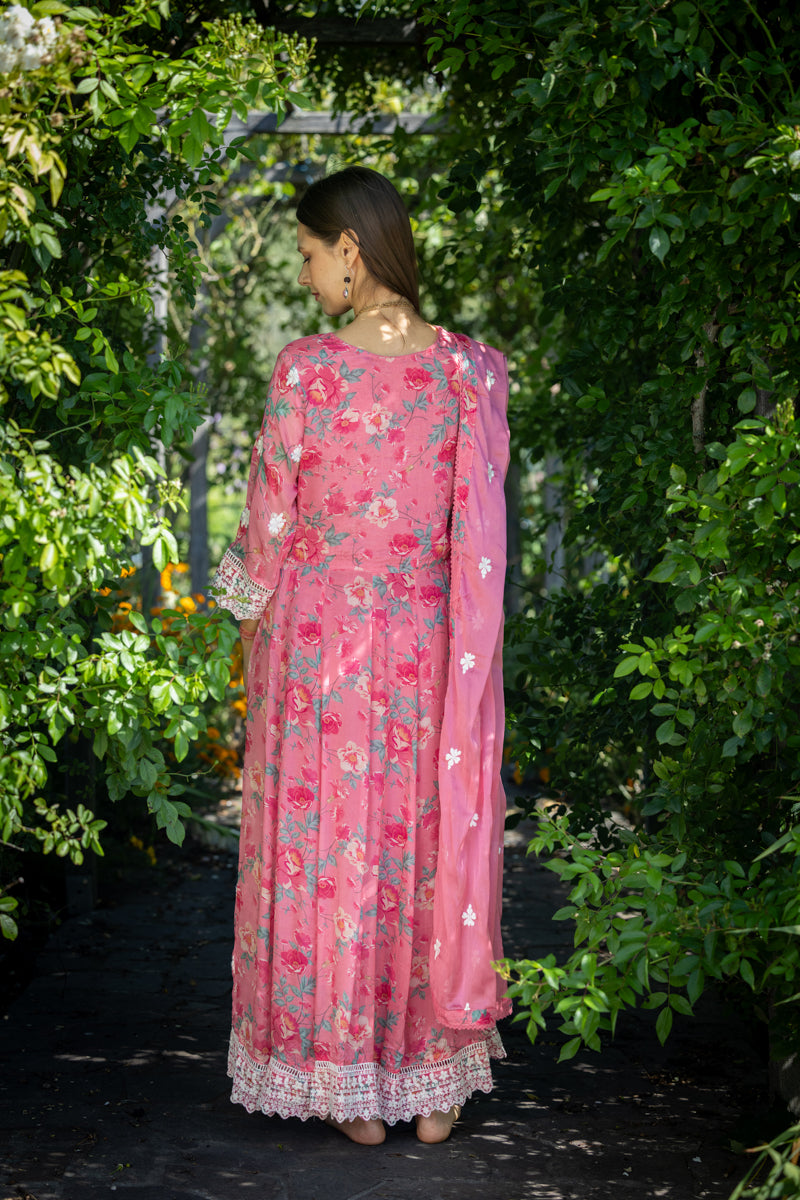 Bright Pink Embroidered Anarkali With Pants & Dupatta