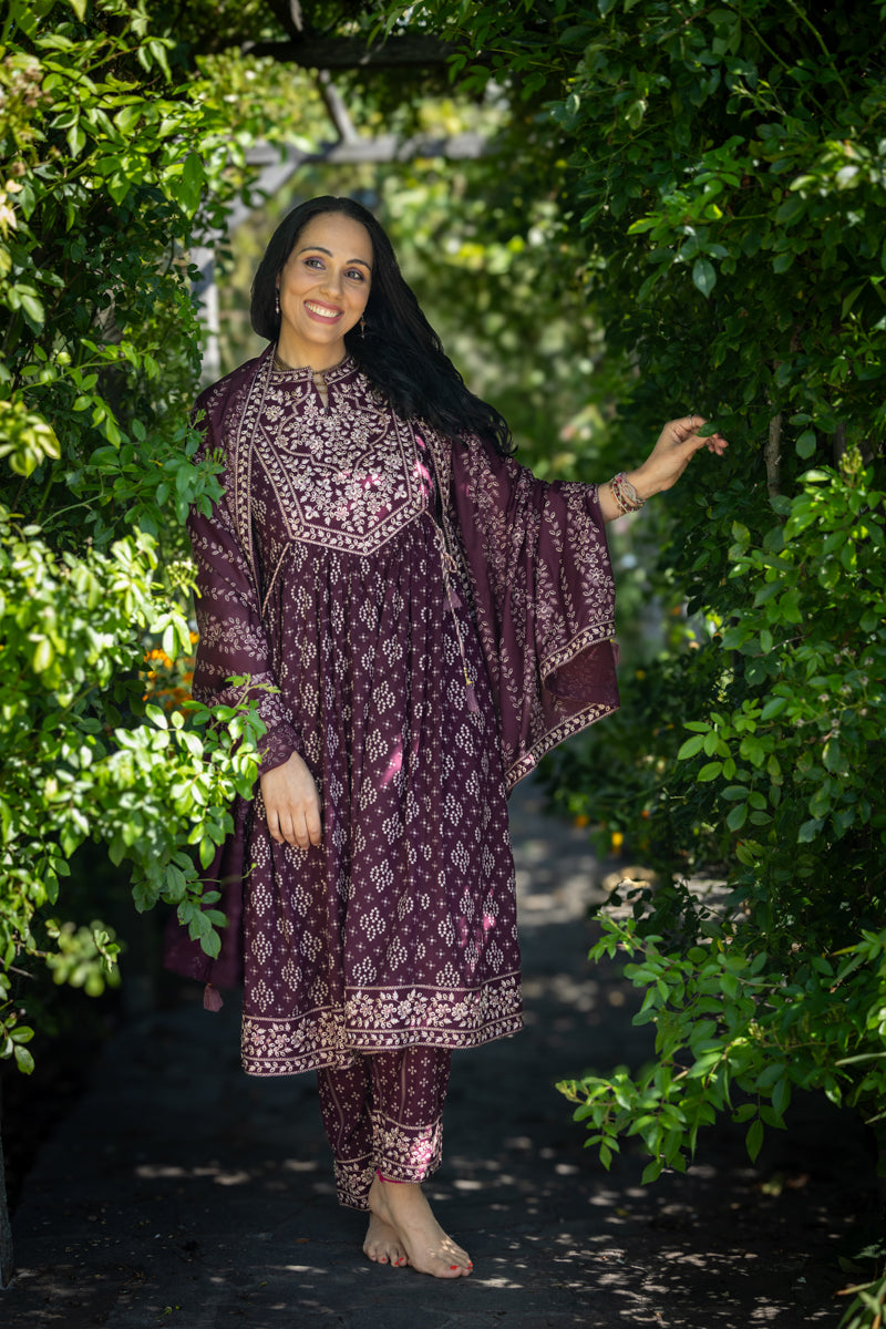 Dark Plum Printed Anarkali With Pants & Dupatta