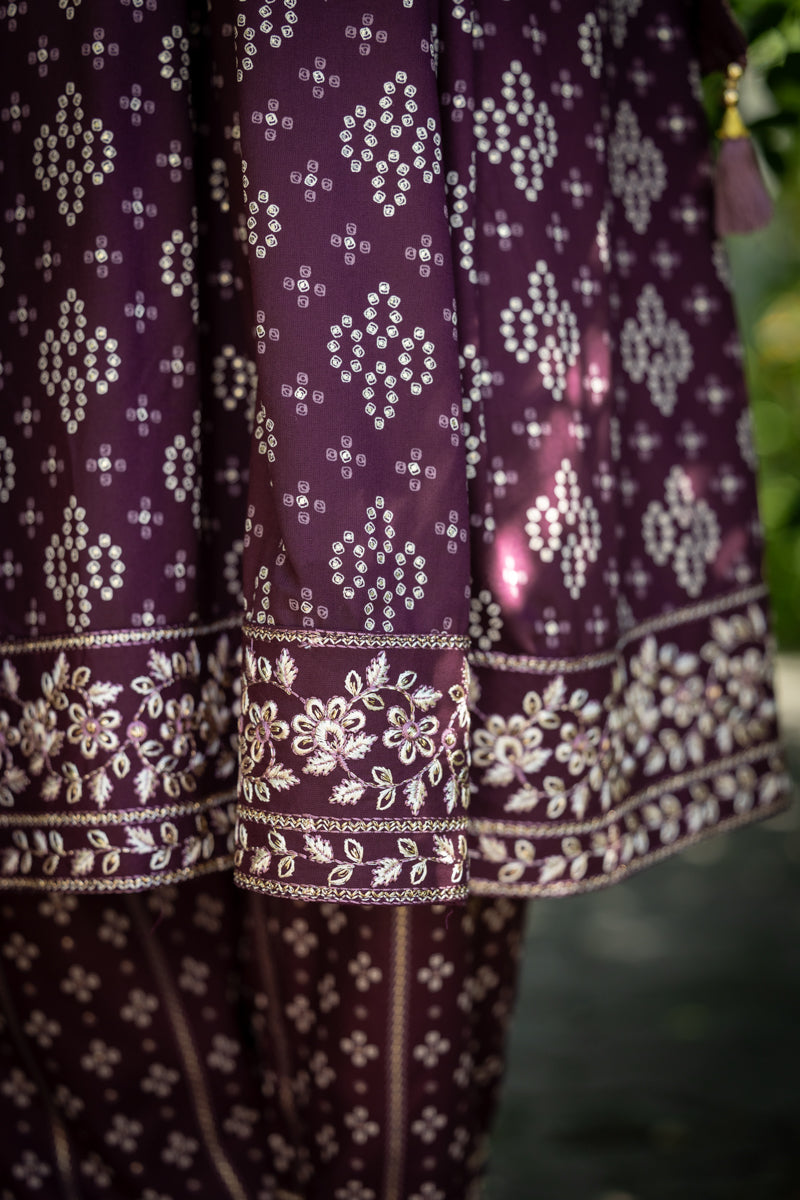 Dark Plum Printed Anarkali With Pants & Dupatta