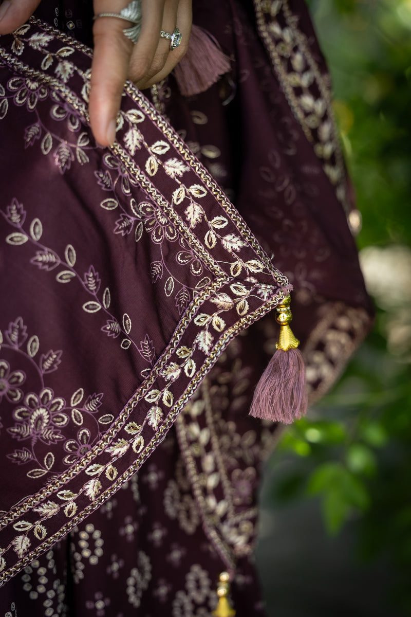 Dark Plum Printed Anarkali With Pants & Dupatta