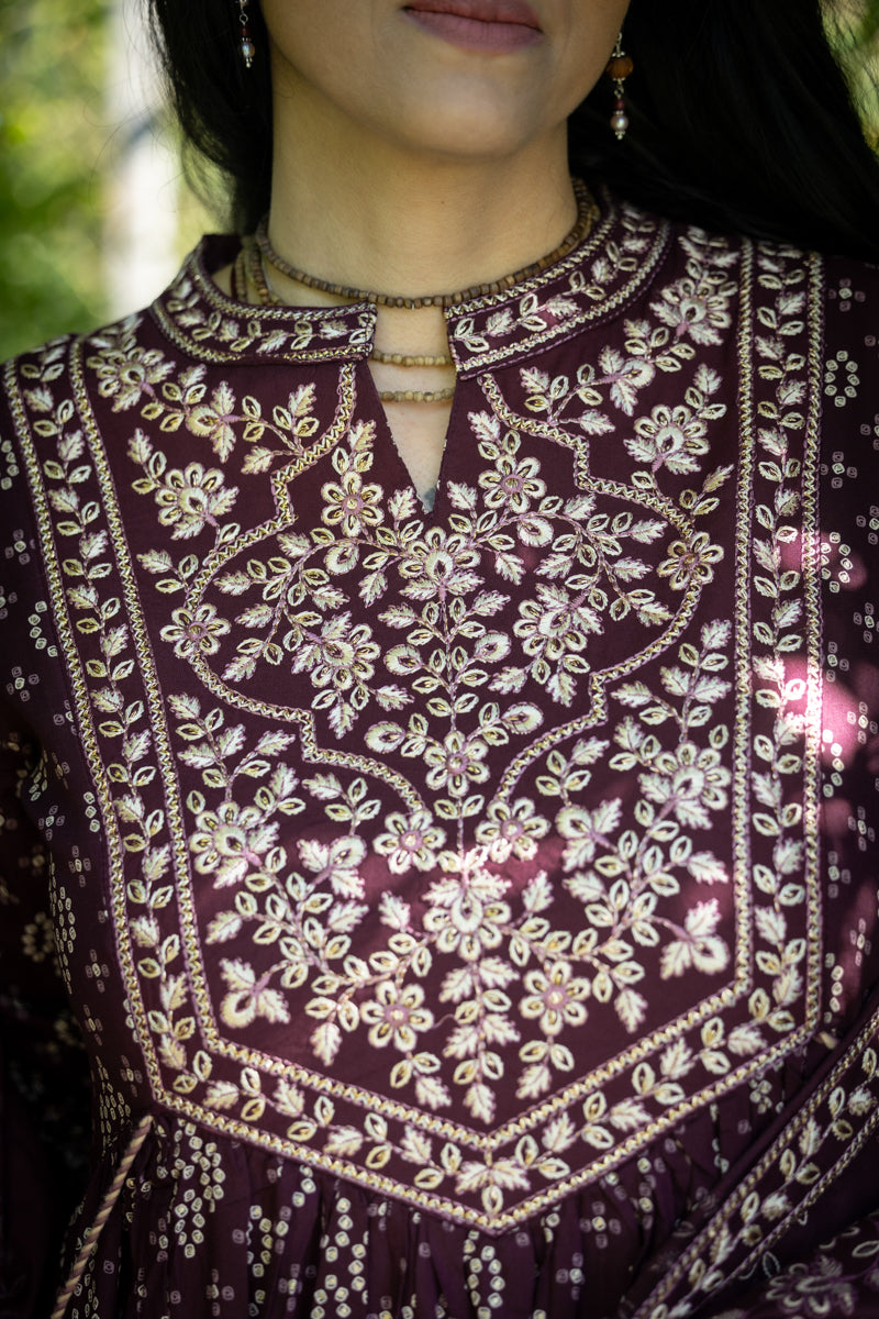 Dark Plum Printed Anarkali With Pants & Dupatta