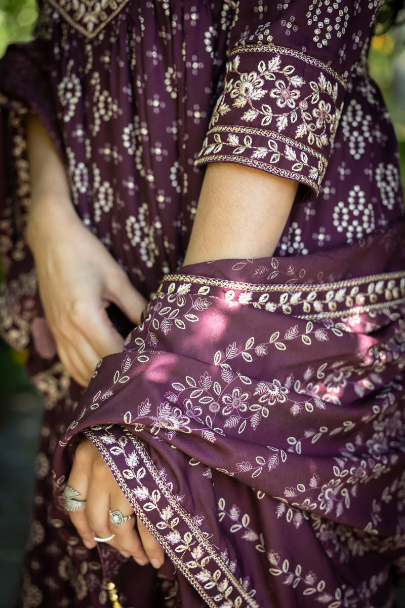 Dark Plum Printed Anarkali With Pants & Dupatta