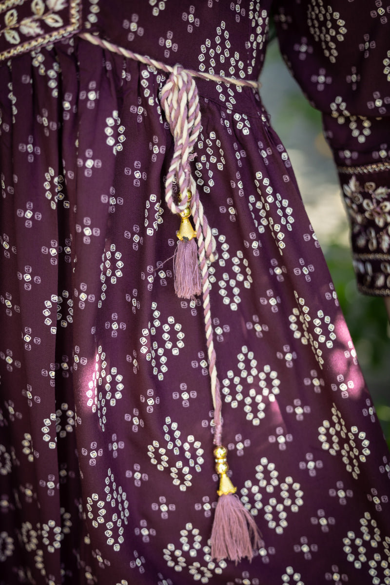 Dark Plum Printed Anarkali With Pants & Dupatta