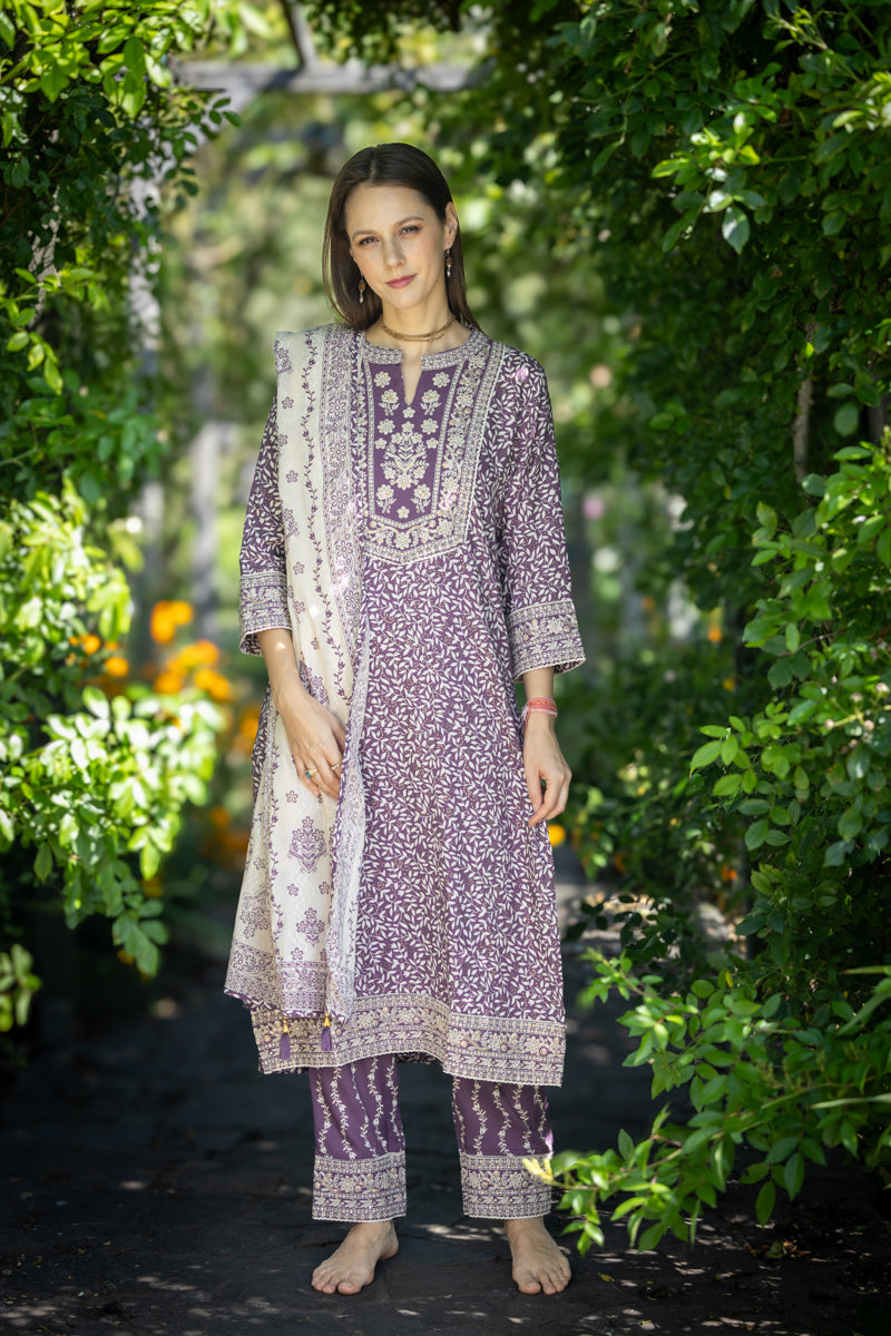 Rich Lilac Embroidered Anarkali Kurti With Pants & Dupatta