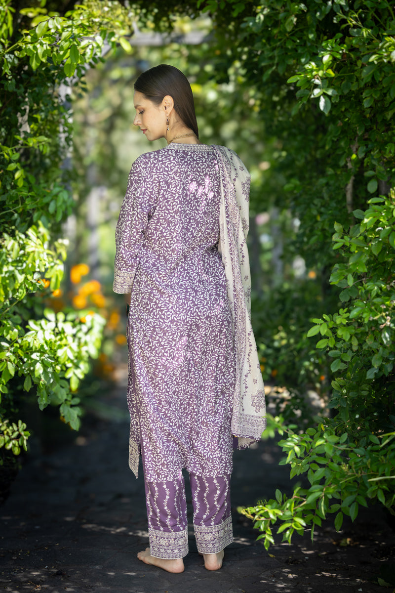 Rich Lilac Embroidered Anarkali Kurti With Pants & Dupatta