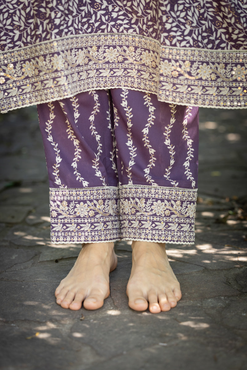 Rich Lilac Embroidered Anarkali Kurti With Pants & Dupatta