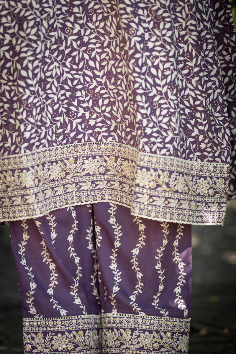 Rich Lilac Embroidered Anarkali Kurti With Pants & Dupatta