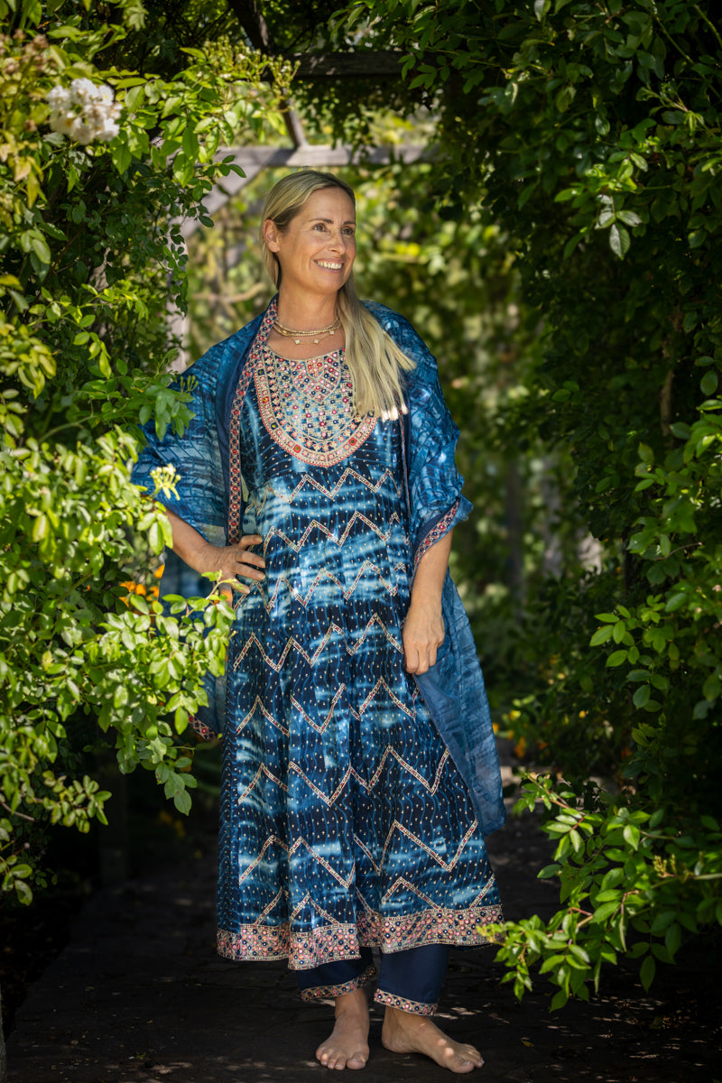 Midnight Blue Embroidered Anarkali With Pants & Dupatta