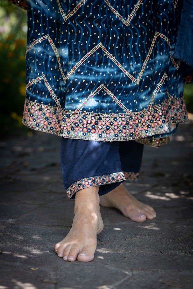 Midnight Blue Embroidered Anarkali With Pants & Dupatta