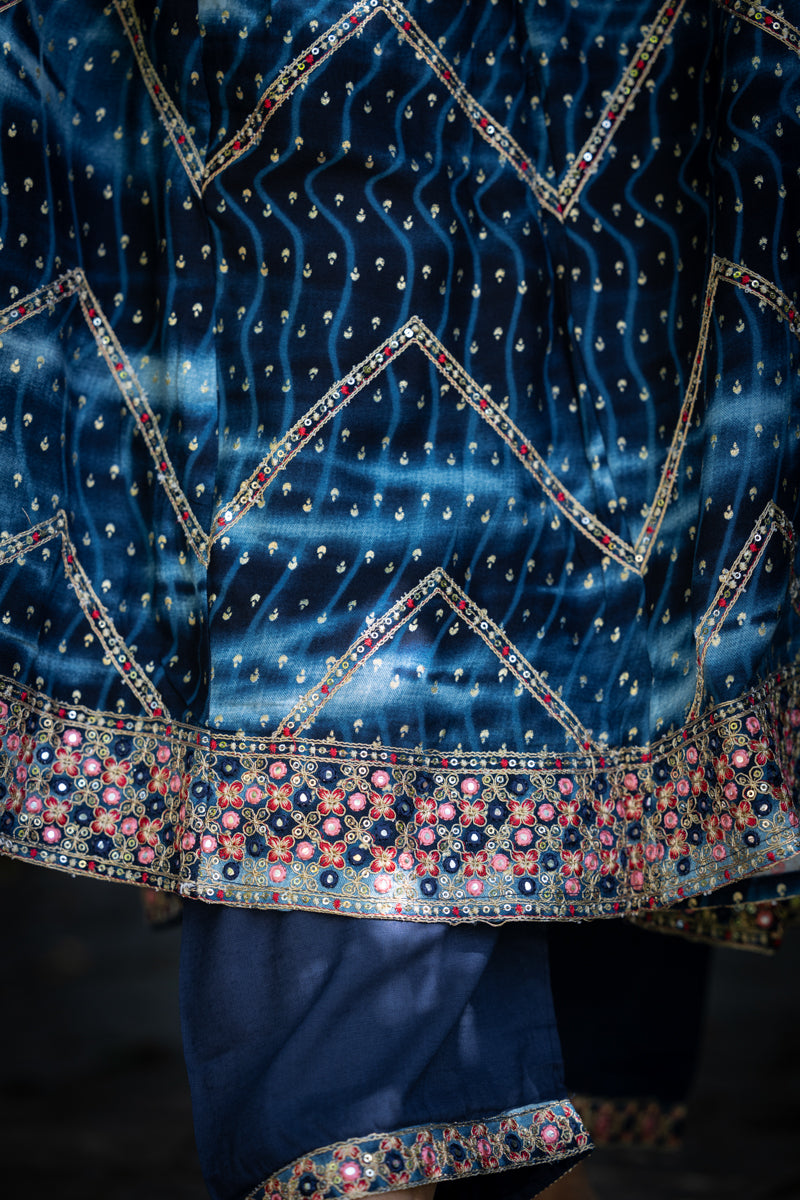Midnight Blue Embroidered Anarkali With Pants & Dupatta