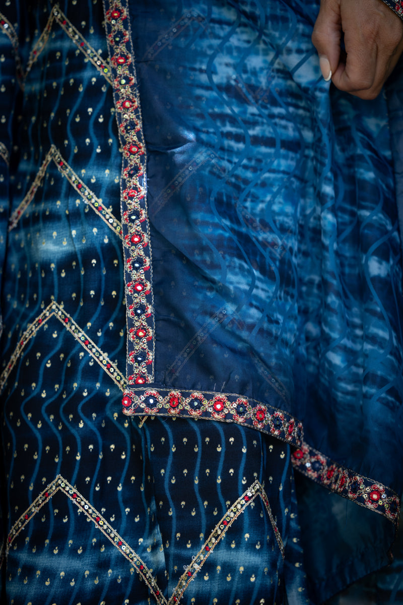 Midnight Blue Embroidered Anarkali With Pants & Dupatta
