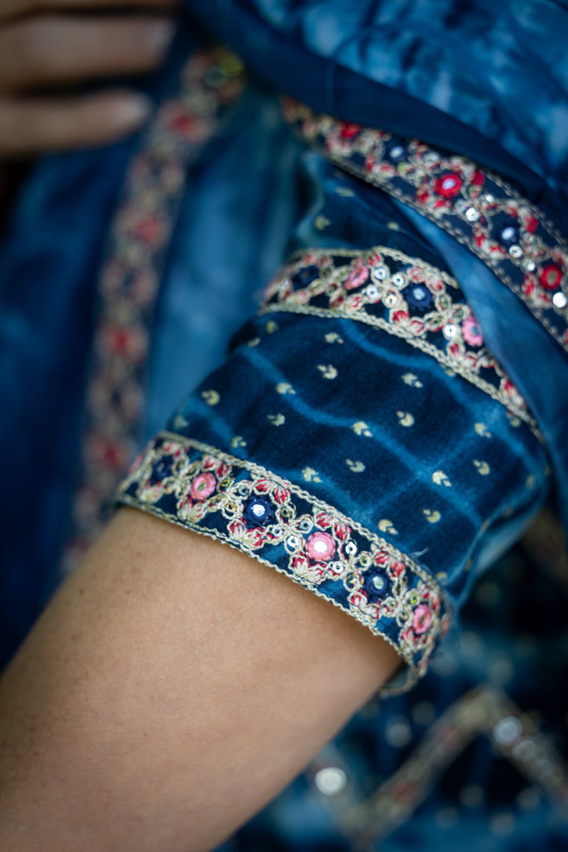 Midnight Blue Embroidered Anarkali With Pants & Dupatta