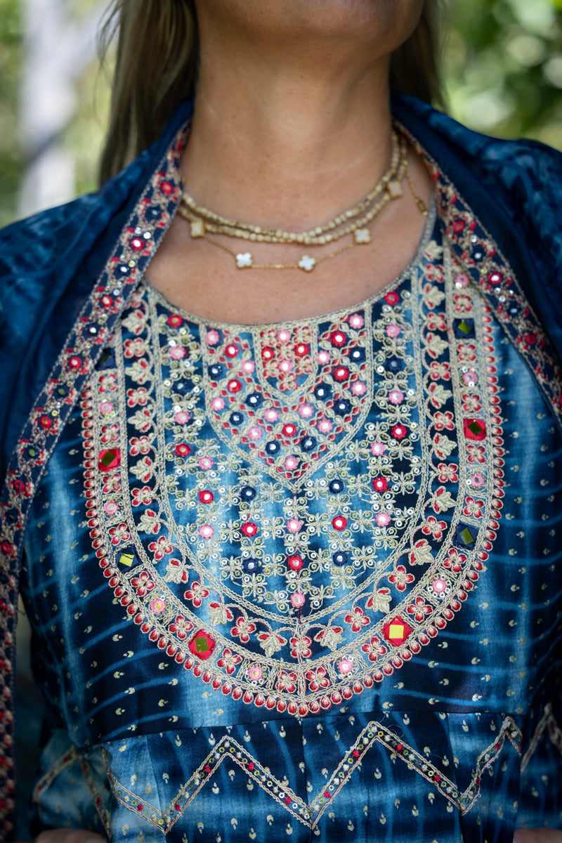 Midnight Blue Embroidered Anarkali With Pants & Dupatta