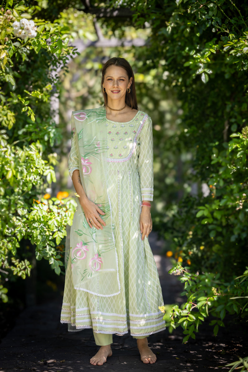 Mint Green Embroidered Anarkali With Pants & Dupatta