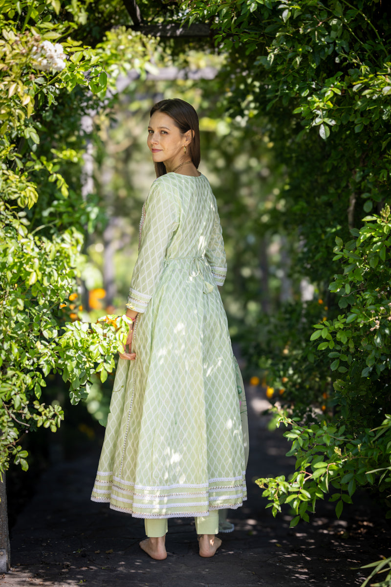 Mint Green Embroidered Anarkali With Pants & Dupatta