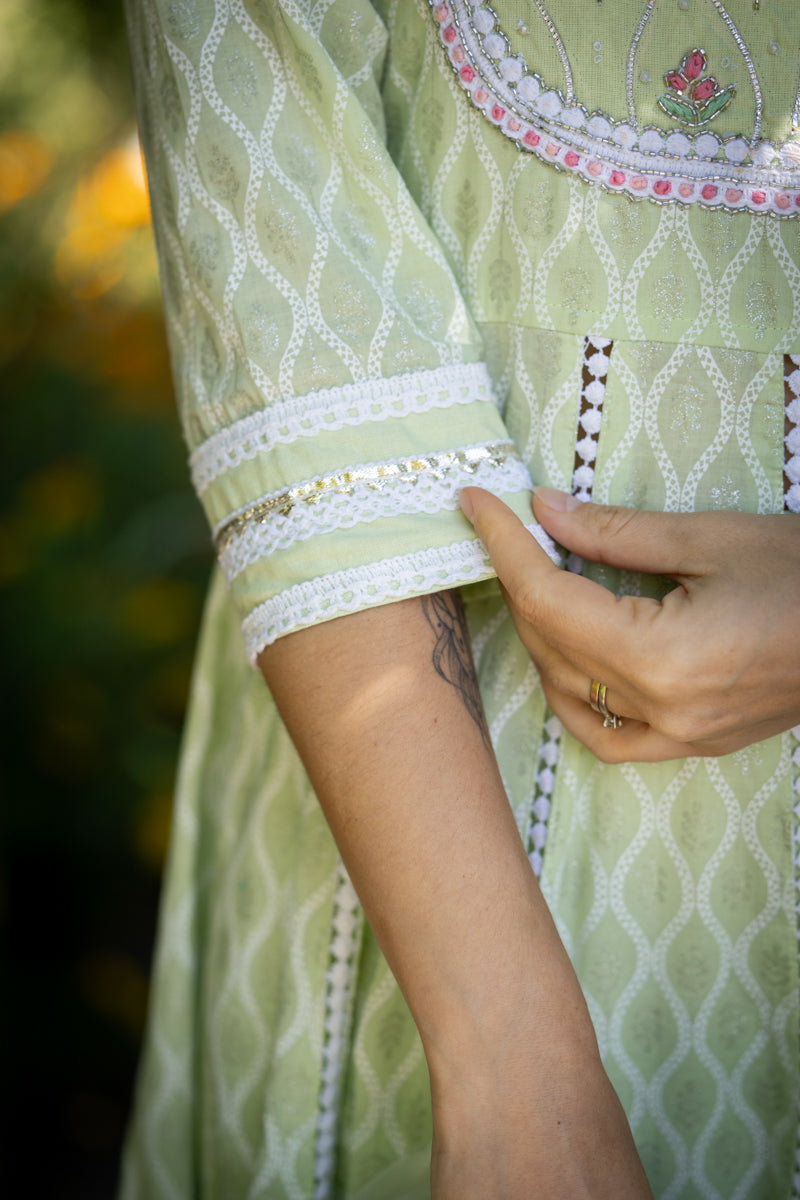 Mint Green Embroidered Anarkali With Pants & Dupatta