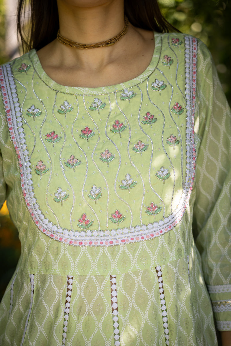 Mint Green Embroidered Anarkali With Pants & Dupatta