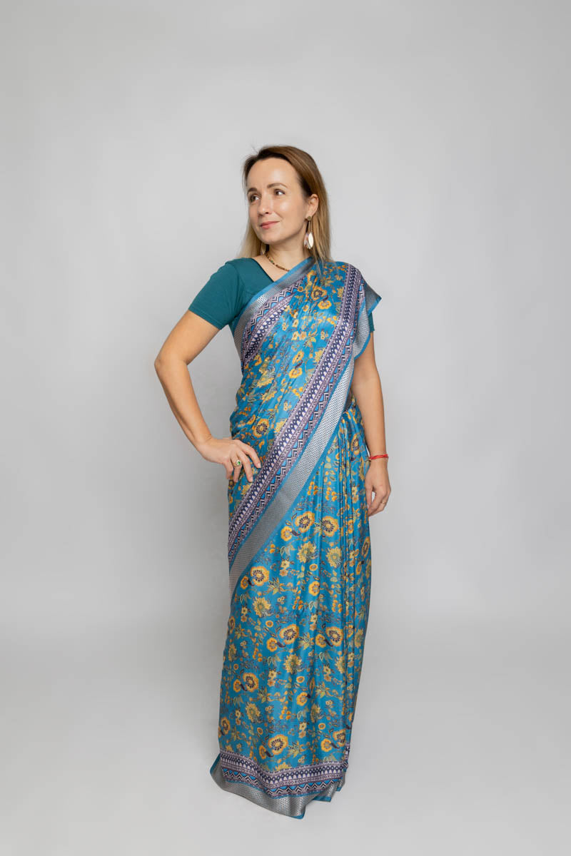 Brilliant Blue Poly Crepe Silk Saree