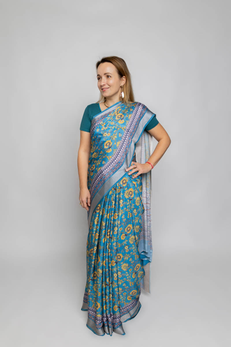 Brilliant Blue Poly Crepe Silk Saree