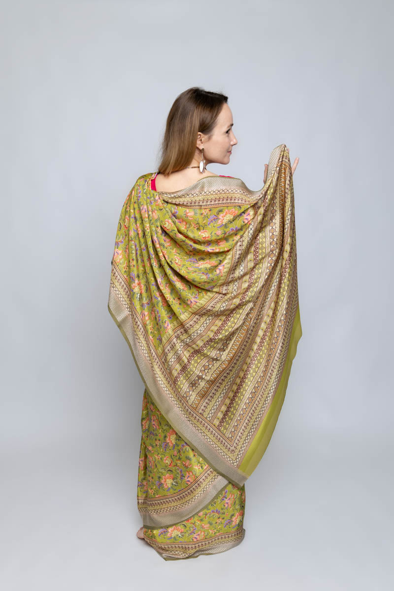 Olive Yellow Poly Crepe Silk Saree