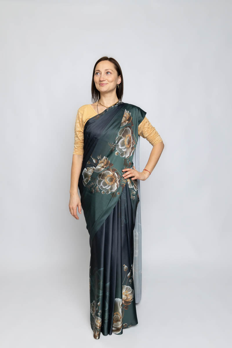 Midnight Garden Faux Crepe Digital Print Saree