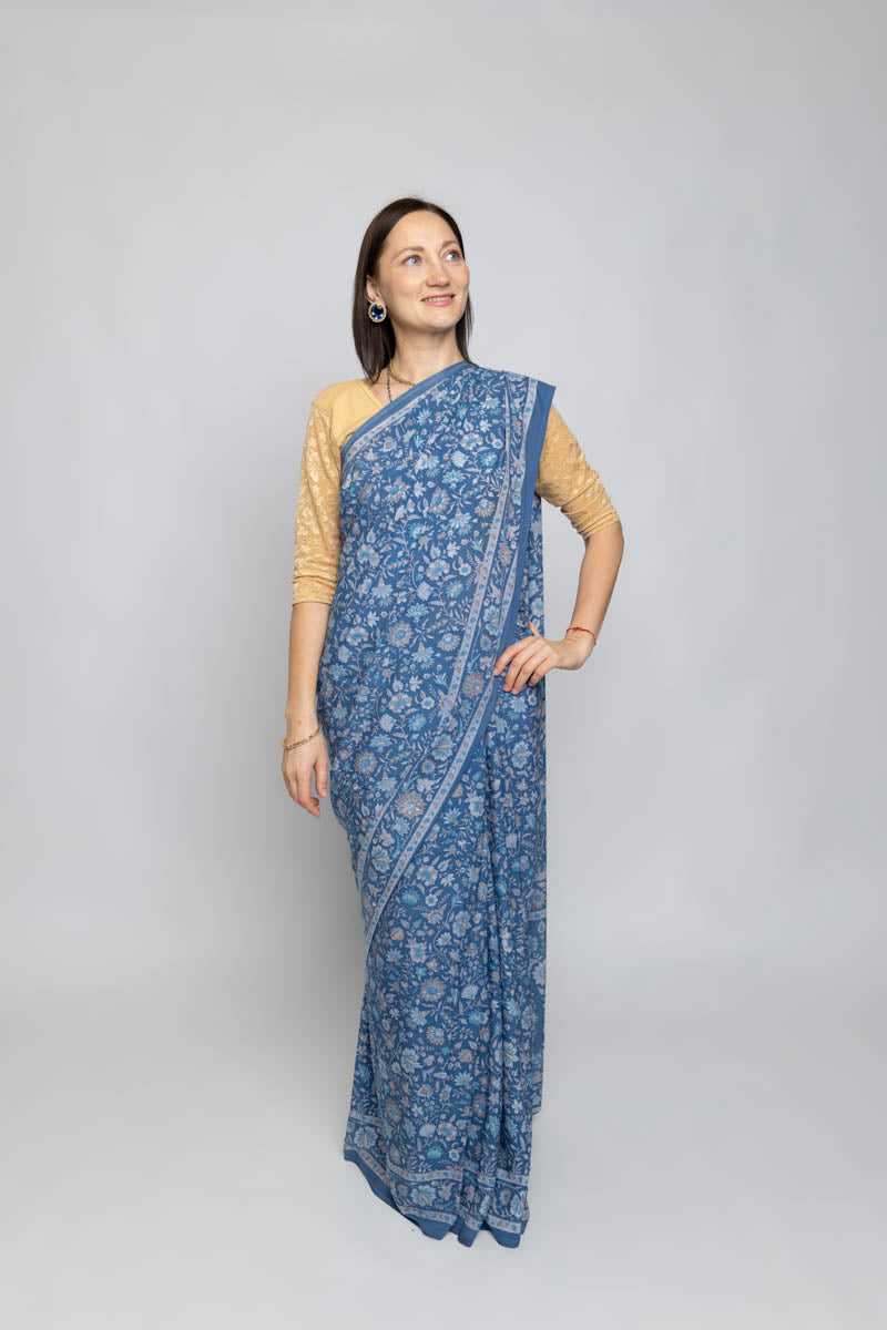 Blue Denim Poly Crepe Silk Saree