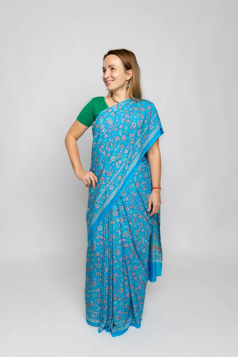 Aqua Blue Poly Crepe Silk Saree