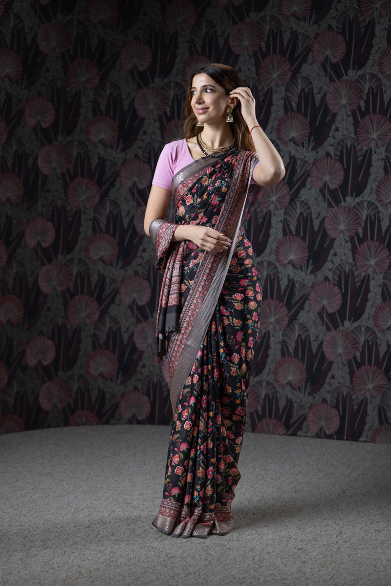 Black Orchid Poly Crepe Silk Saree