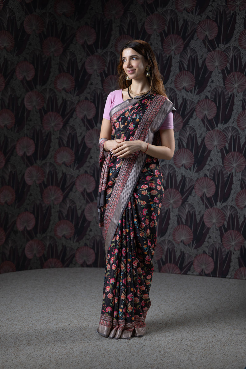 Black Orchid Poly Crepe Silk Saree