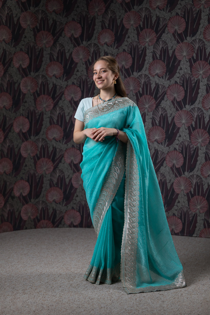 Turquoise Embroidered Georgette Saree