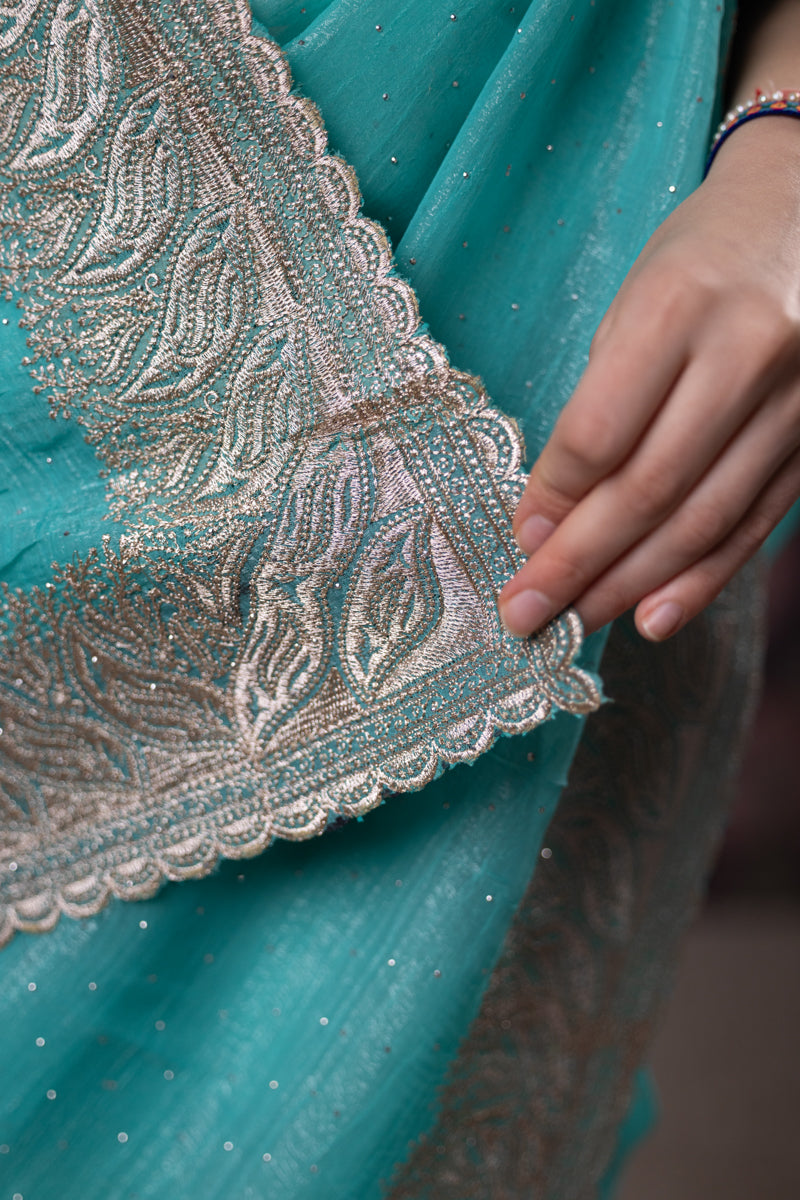 Turquoise Embroidered Georgette Saree