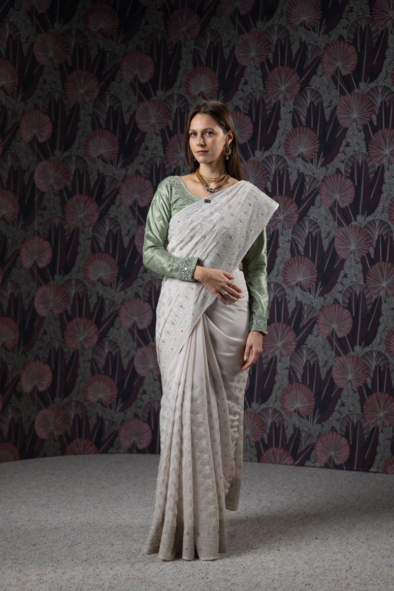 Silver Drop Embroidered Georgette Saree