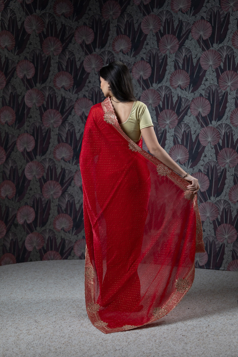 Red Organza Embroidered Saree