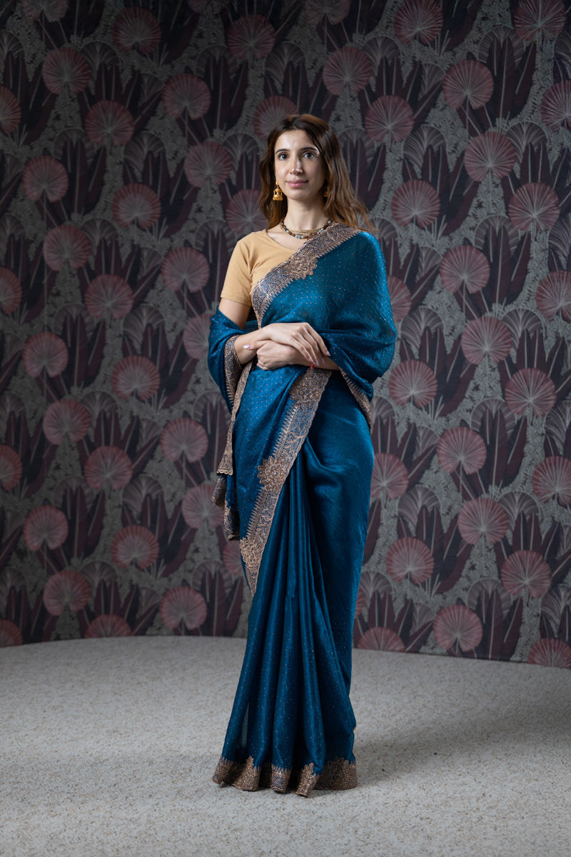 Royal Blue Organza Embroidered Saree