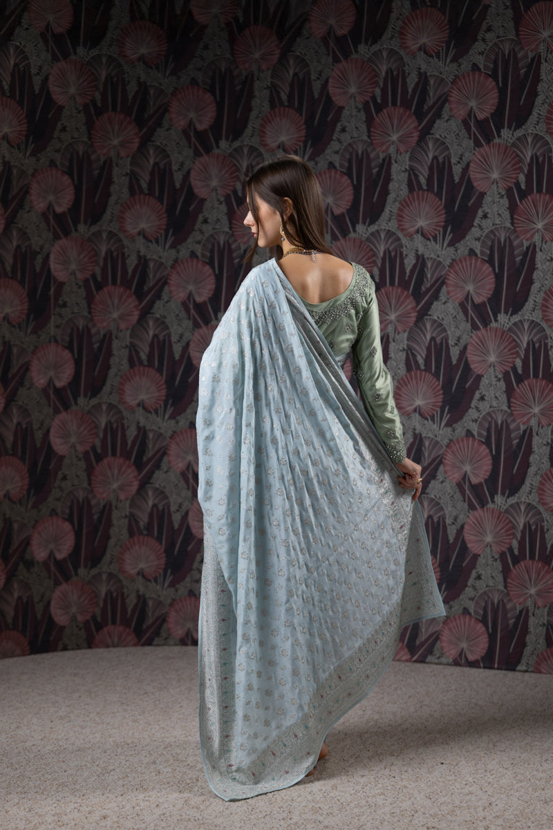 Powder Blue Embroidered Georgette Saree