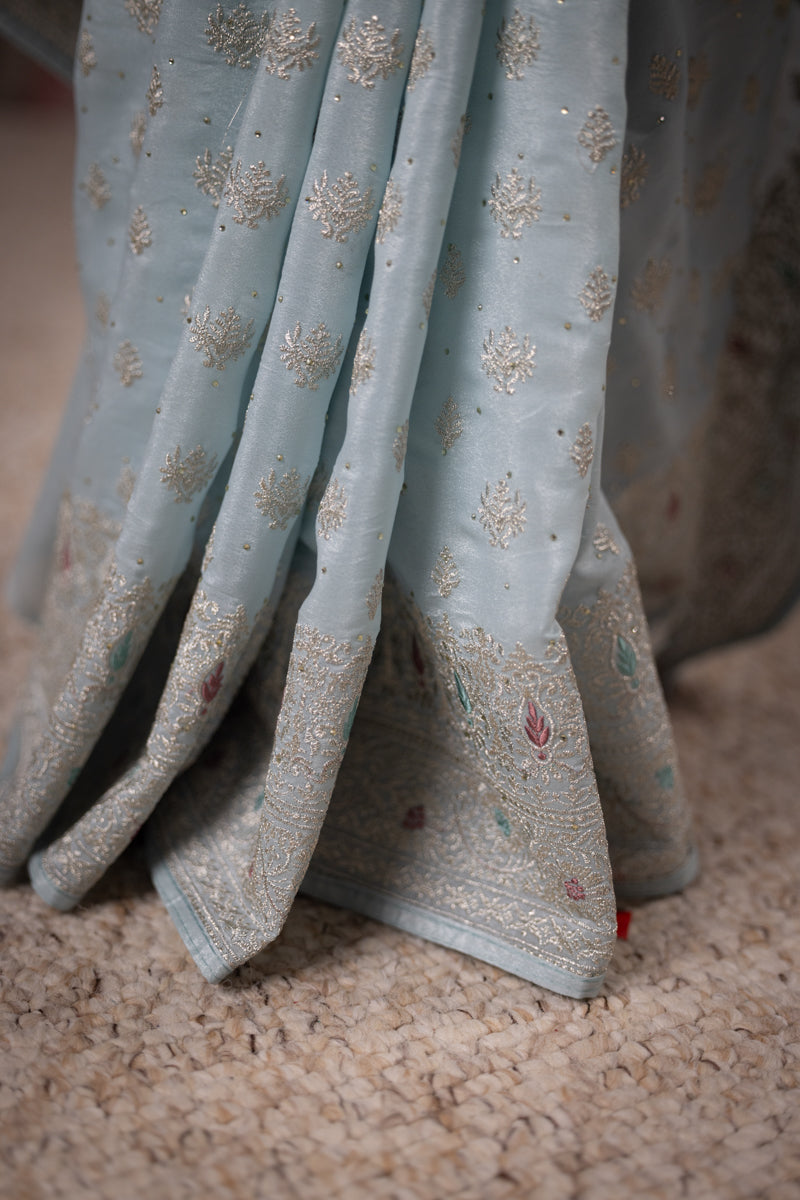 Powder Blue Embroidered Georgette Saree