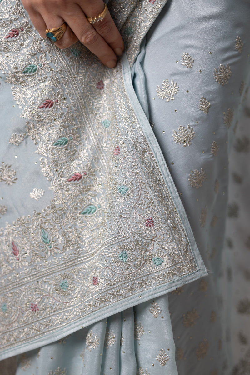 Powder Blue Embroidered Georgette Saree