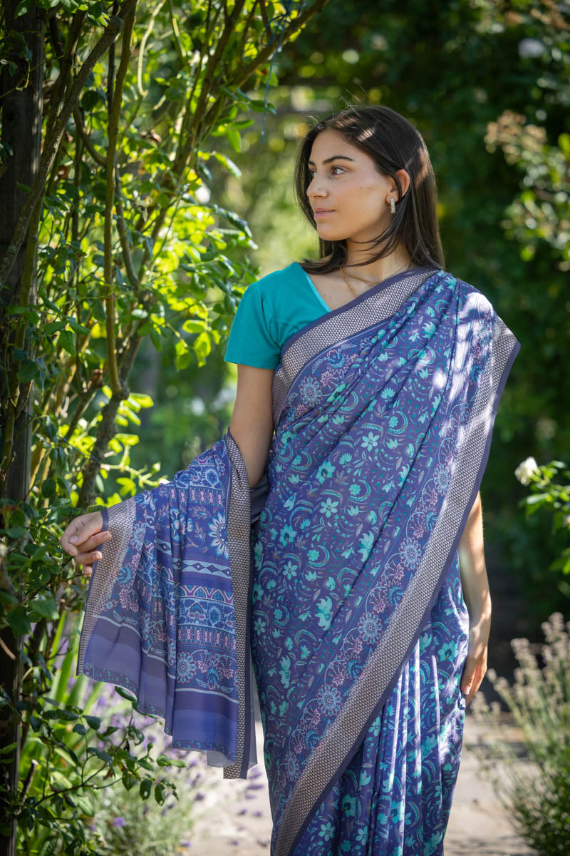 Peacock Blue Poly Crepe Silk Saree