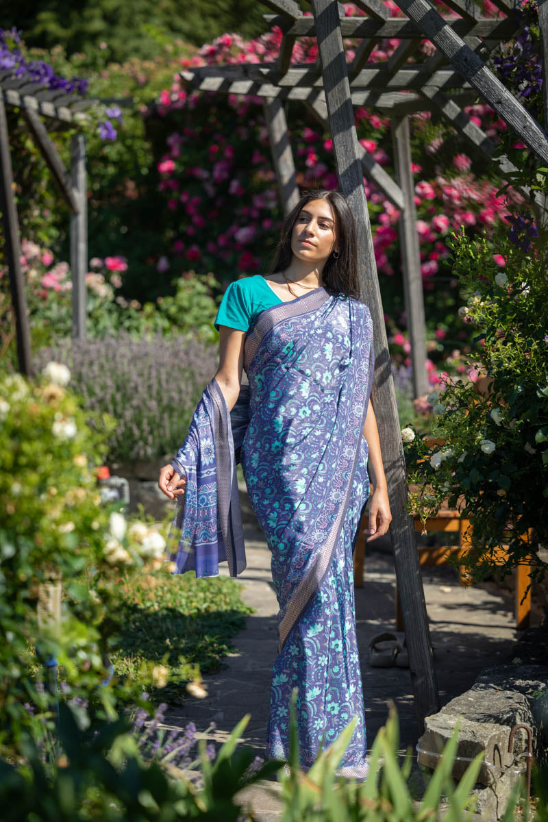 Peacock Blue Poly Crepe Silk Saree