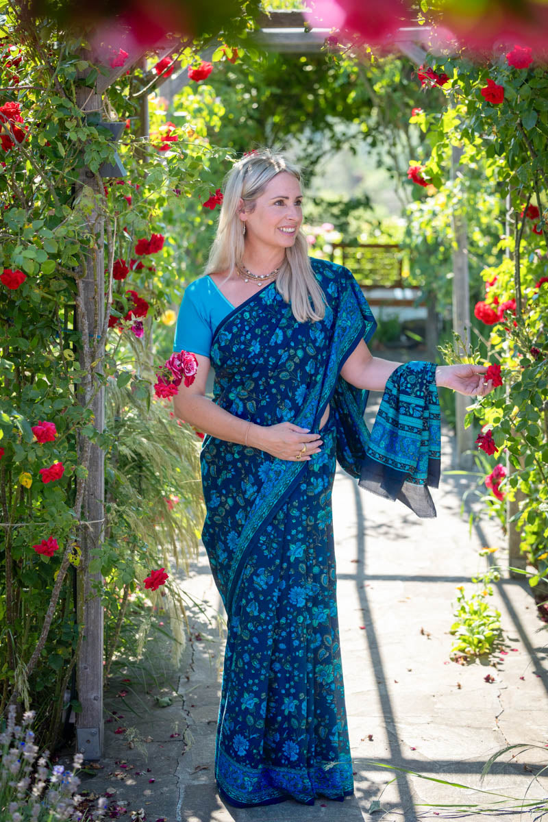 Deep Blue Poly Crepe Silk Saree
