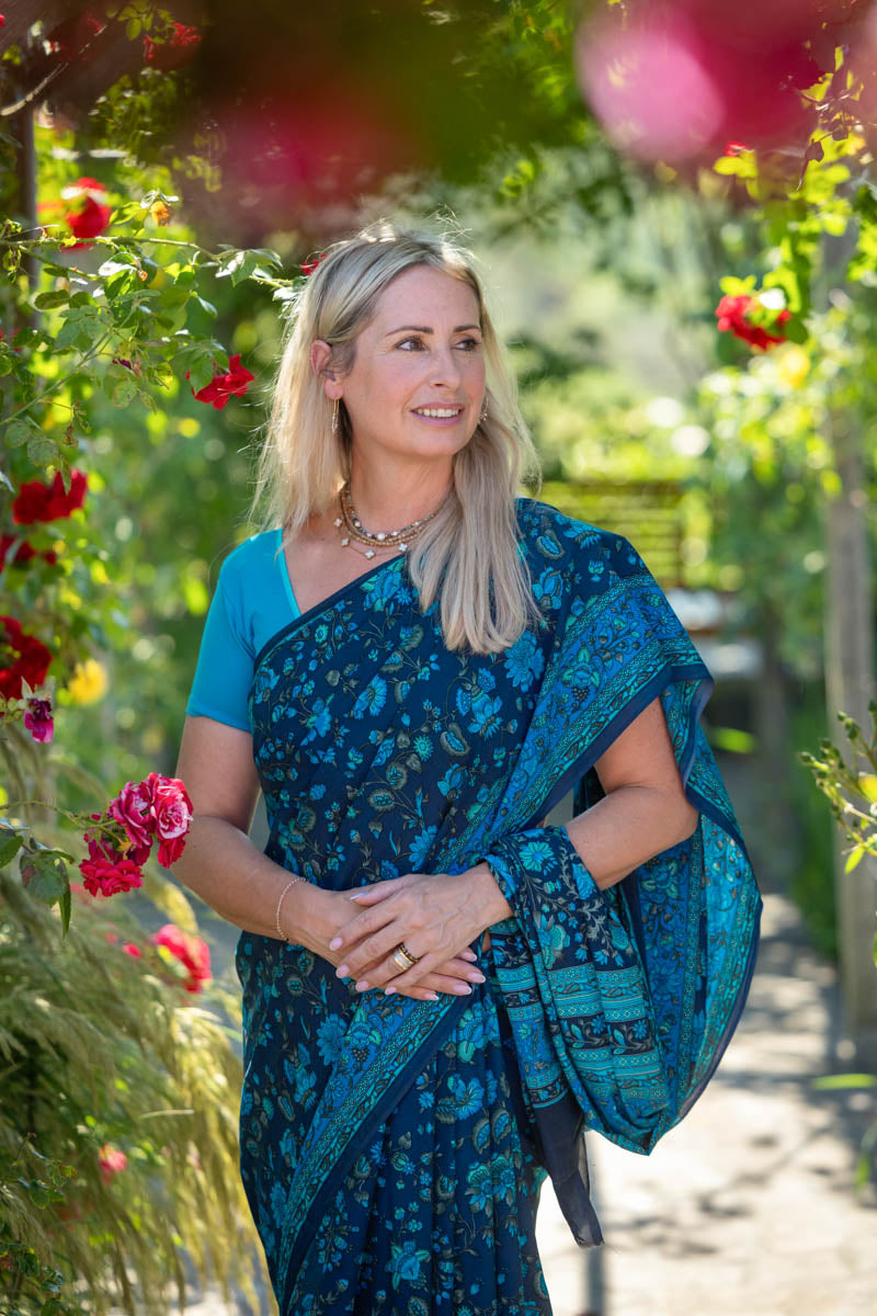 Deep Blue Poly Crepe Silk Saree