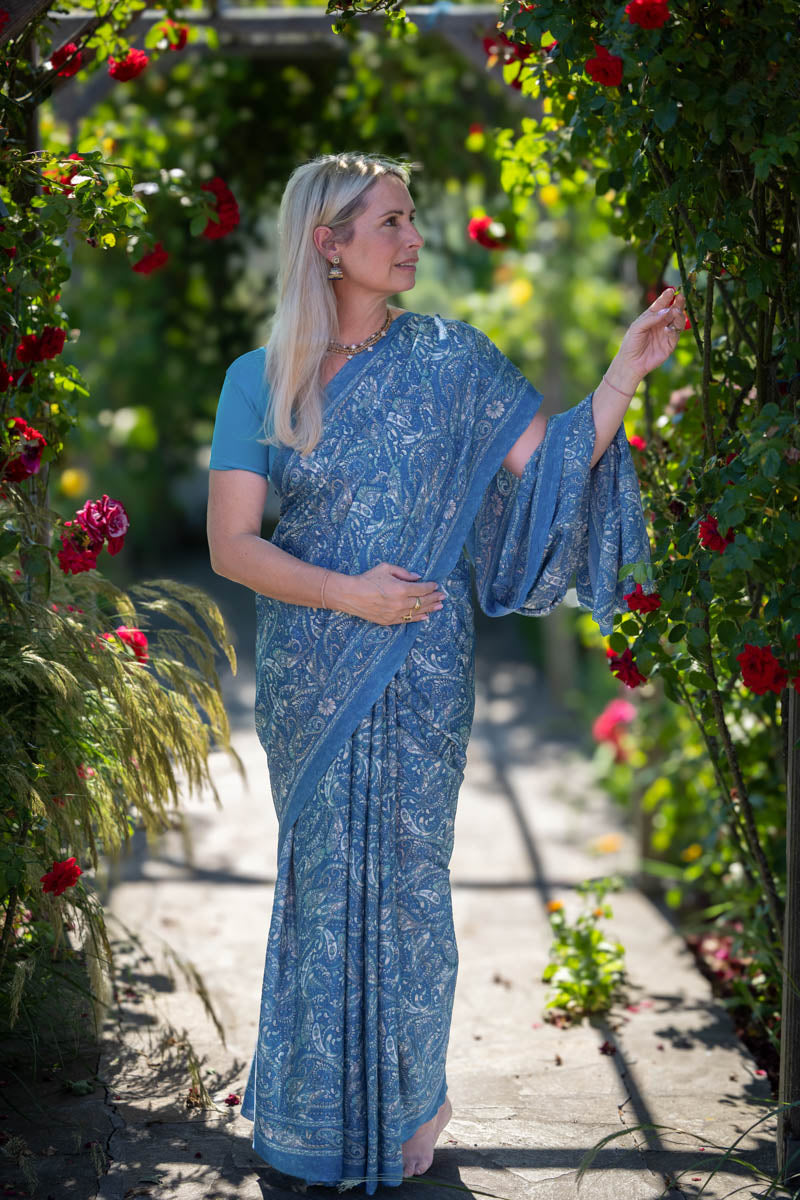 Blue Floral Poly Crepe Silk Saree