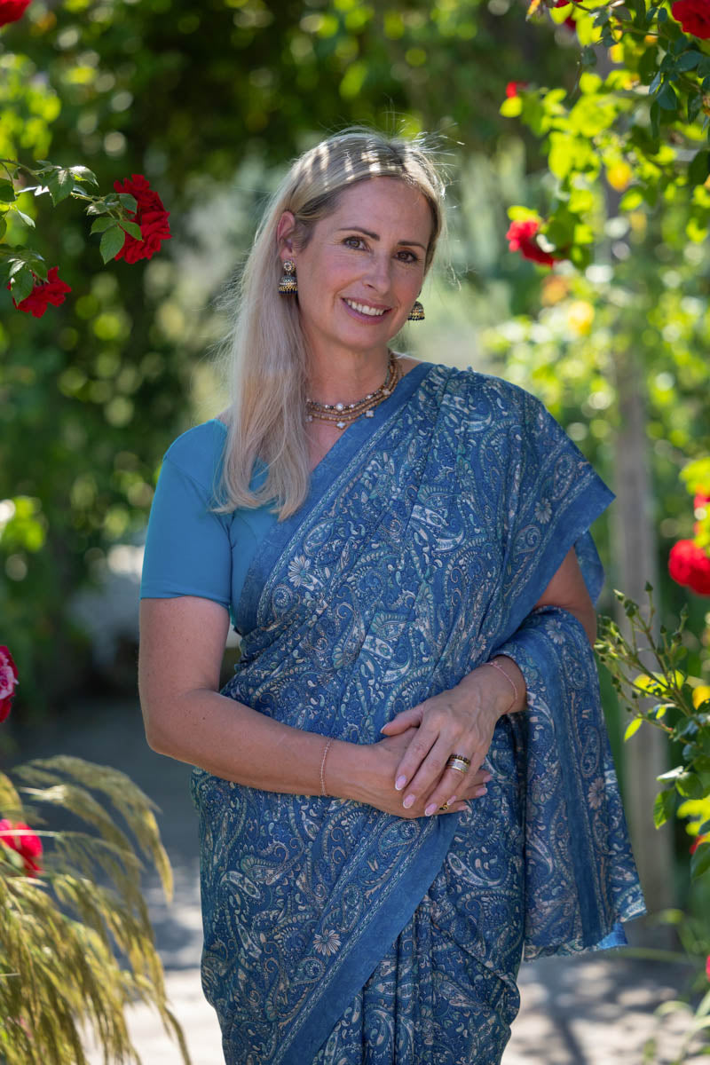 Blue Floral Poly Crepe Silk Saree