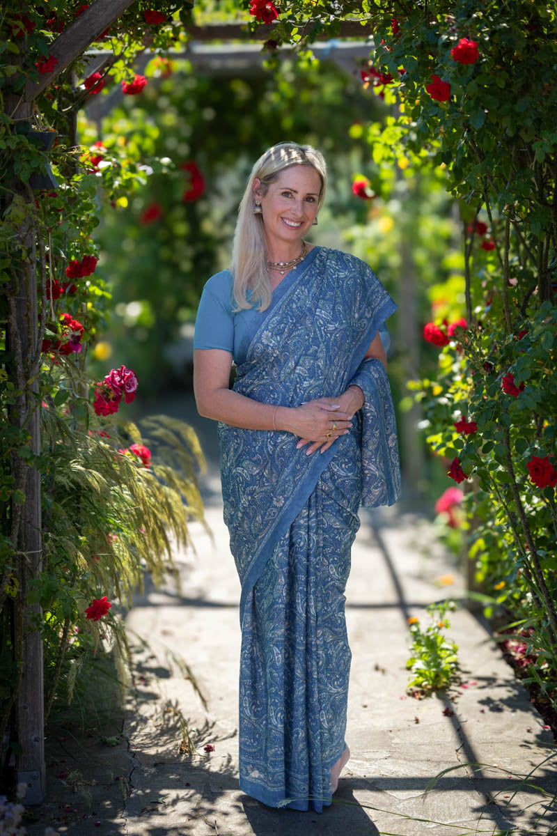 Blue Floral Poly Crepe Silk Saree