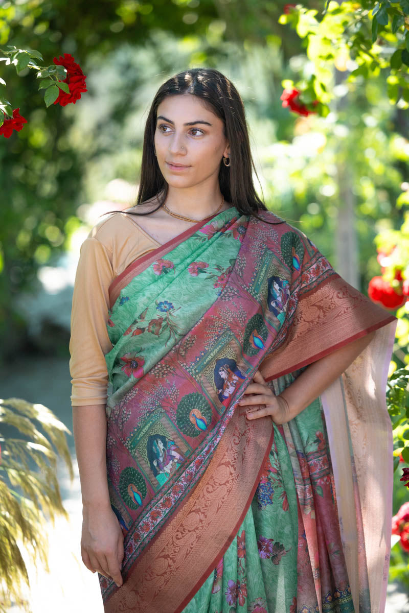 Sea Green Soft Banarasi Art Silk Printed Saree