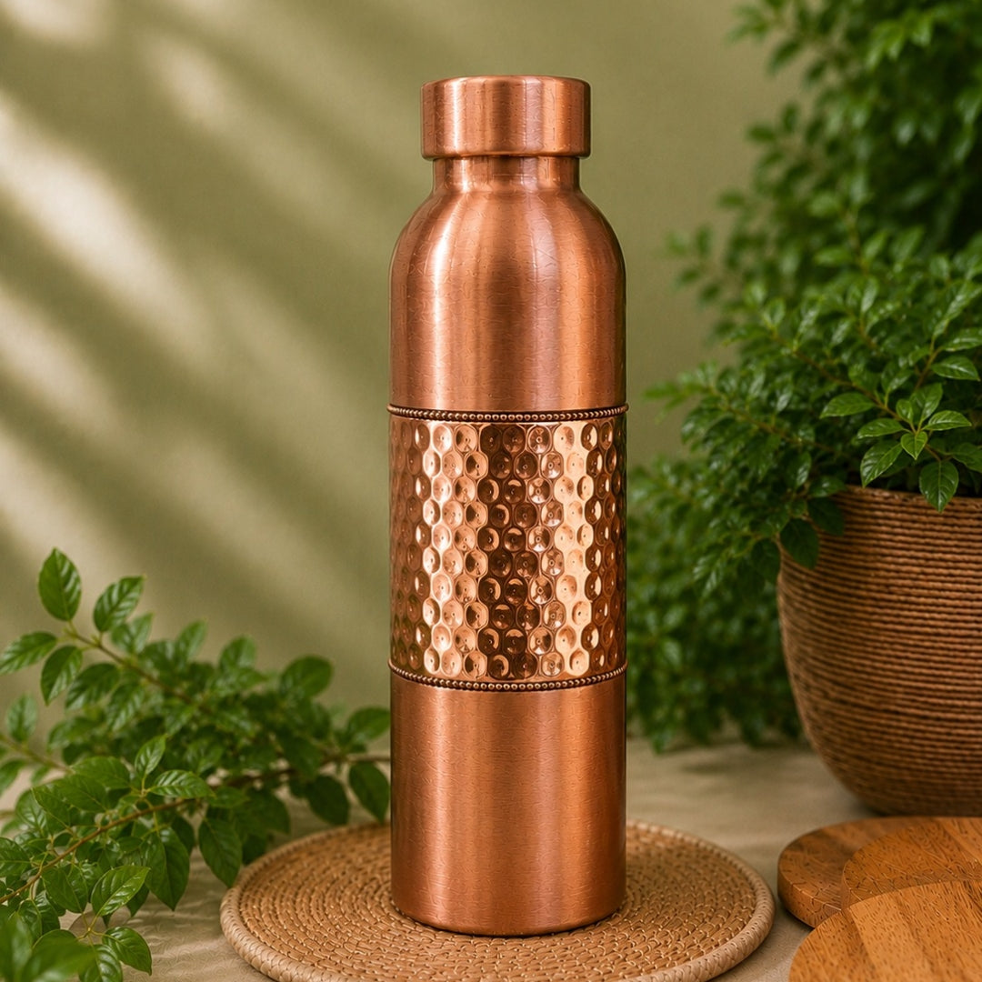 Copper water bottle, half-hammered, polished and matte, 1 liter