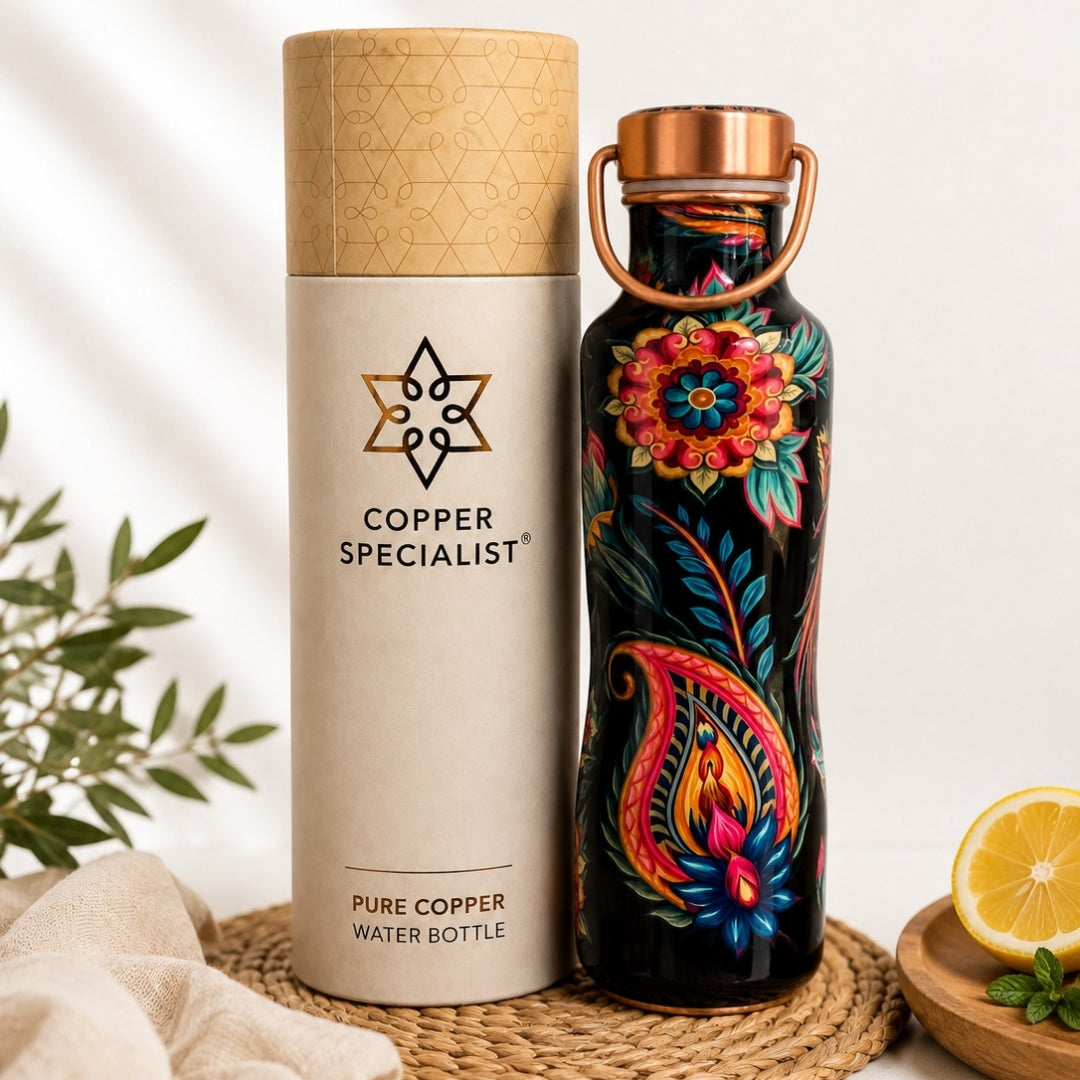 Copper water bottle with floral print, curved, with handle 750 ml